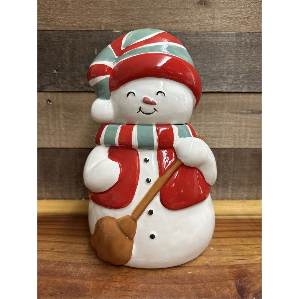 Snowman Cookie Jar red & green sock hat And scarf 10.5”